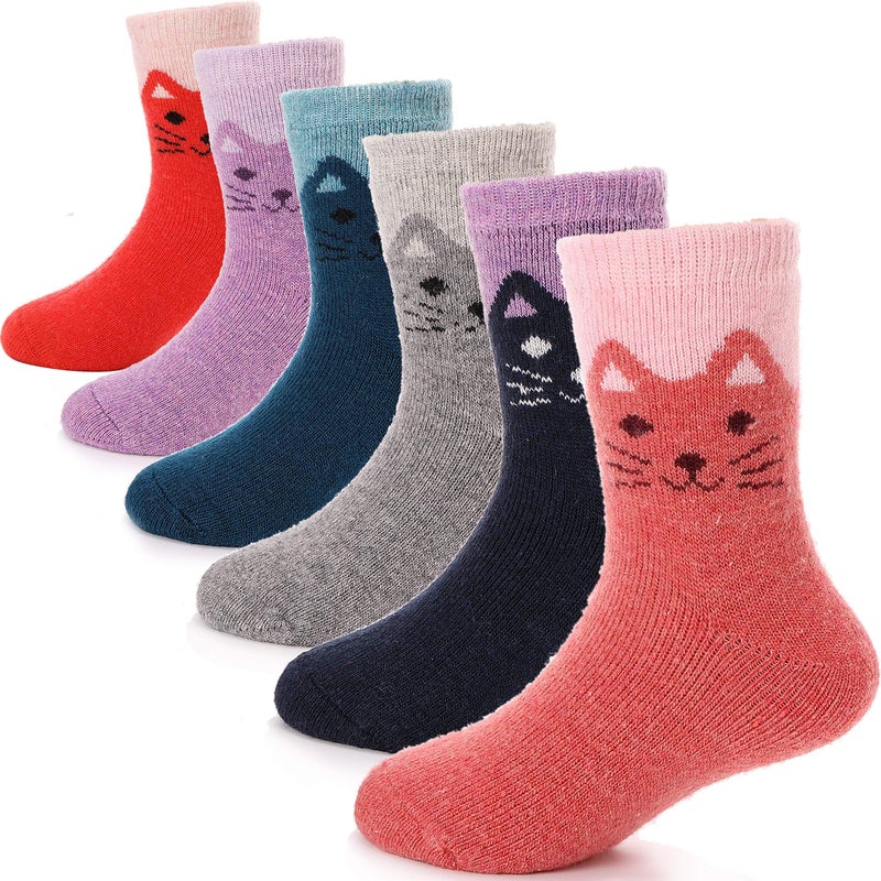 ANTSANG Kids Merino Wool Hiking Socks Toddlers Boys Girls Winter Warm Thick Thermal Crew Boot Heavy Cozy Snow Cabin Gift Snowboarding Socks 6 Pairs for Child(Cat,4-7Y) - Image 1